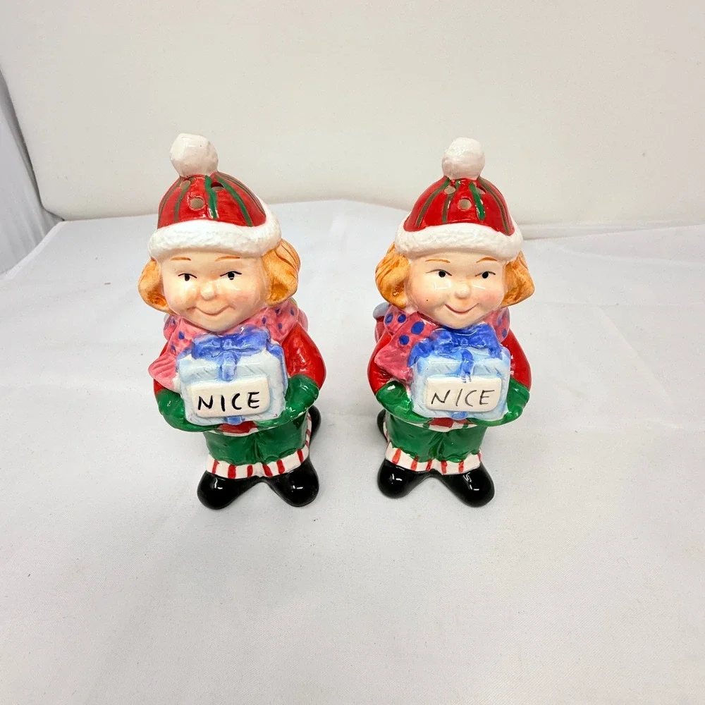 Vintage Style Christmas Naughty and Nice Ceramic Salt and Pepper Shaker Set